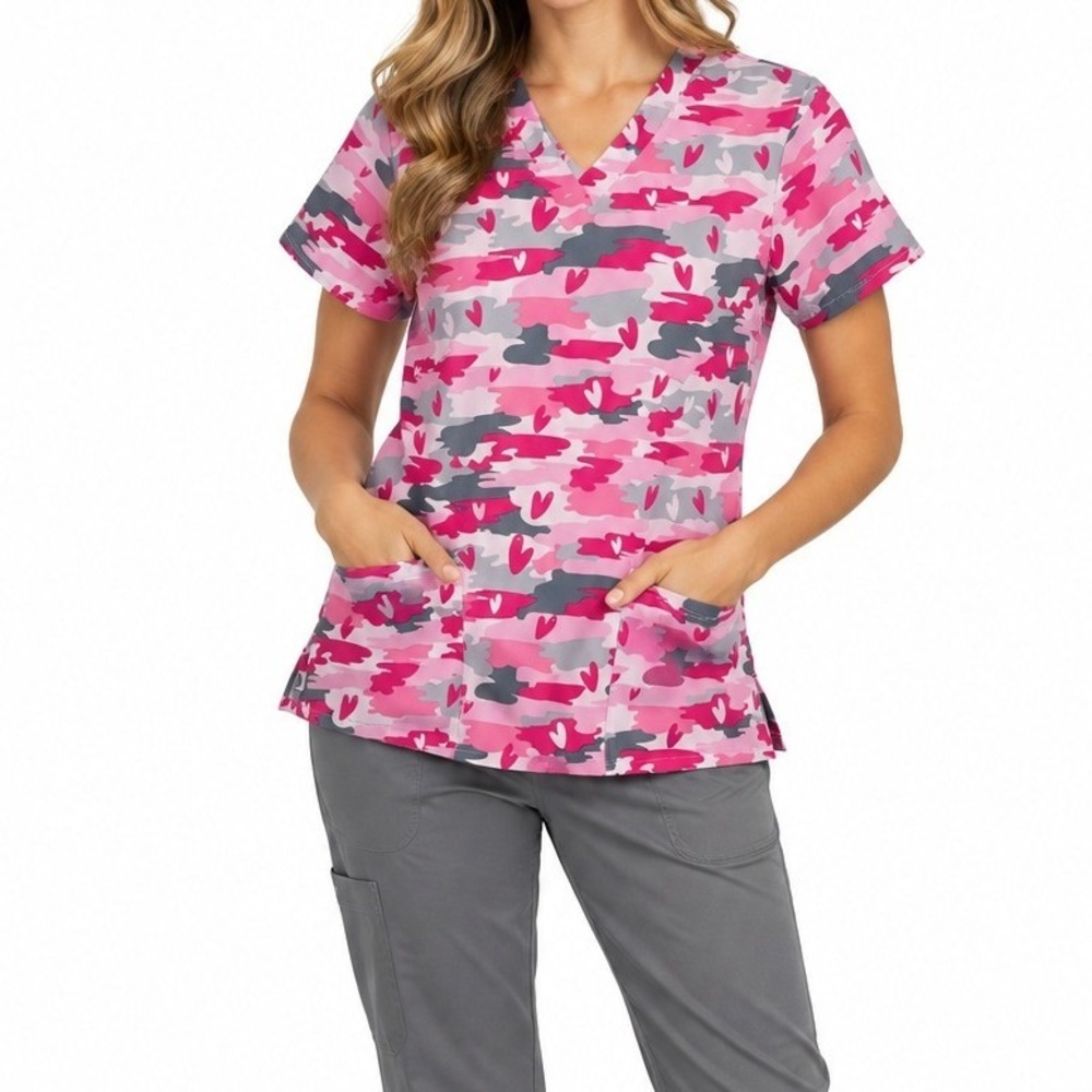 Divine Stretch Scrub Top Women Small Pink Camo Heart Print V-Neck Stretch Casual